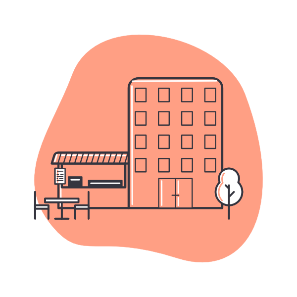 Illustration of building with food counter