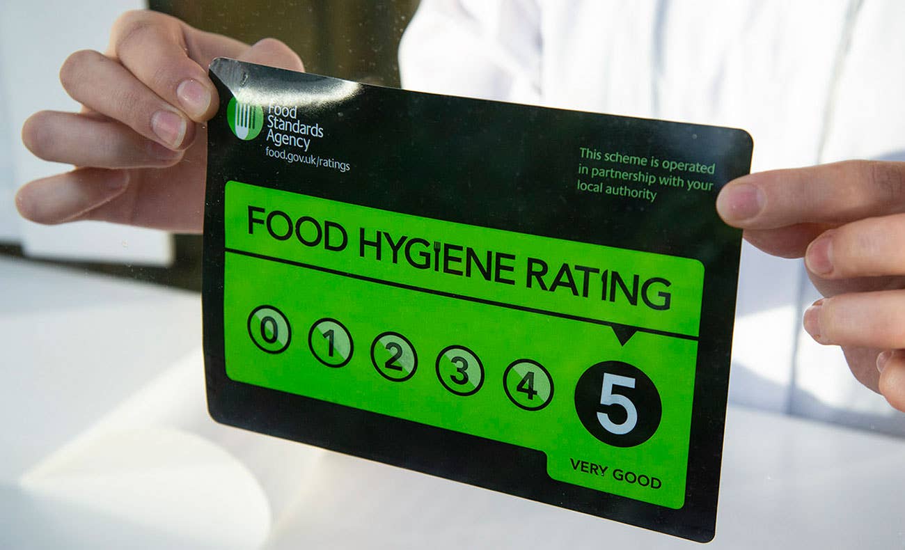 A food hygiene rating sticker showing a 5 star rating for an establishment.