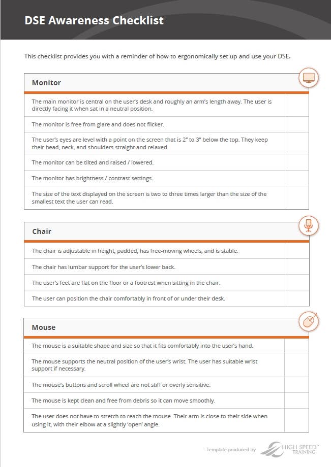 Display Screen Equipment Dse Workstation Assessment Checklist