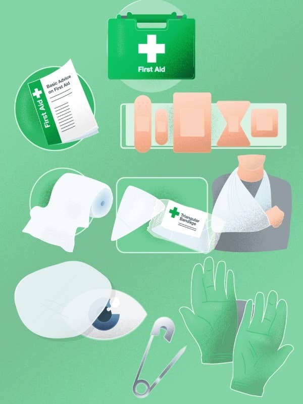 Basic contents for a first aid kit illustration