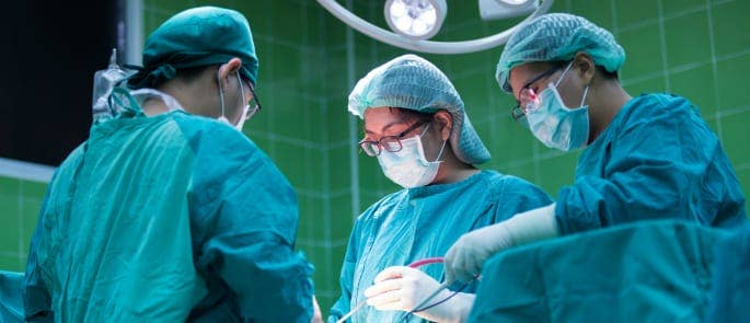 Group of surgeons at work in operating theatre wearing the appropriate PPE