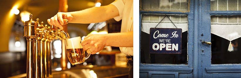 bartender pouring beer next to pub open sign