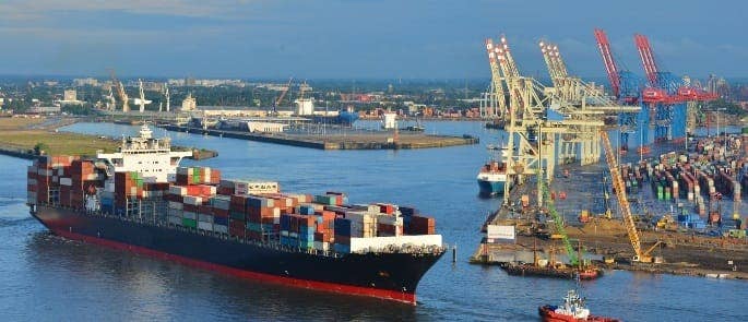 Large cargo ship on water