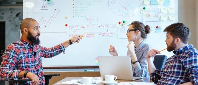 Colleagues in a meeting room using a whiteboard to express their ideas creatively