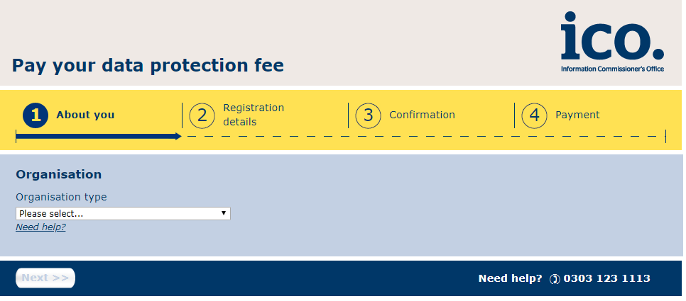 screenshot of the ICO registration site