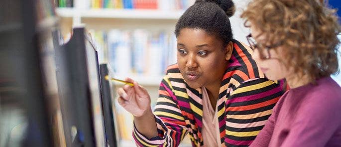 Teaching staff looking at the computer