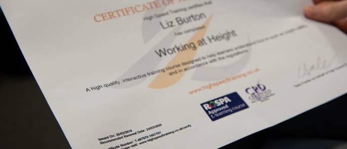 High speed training certificate for working at height