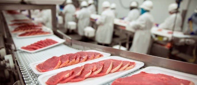 Meat at a processing factory being packaged