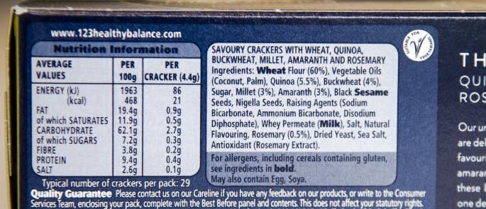A packaged food ingredients list highlighting allergens in bold