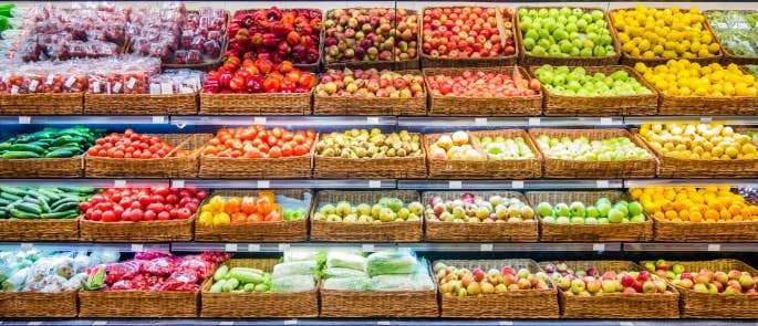 A selection of fresh fruit and vegetables in a shop