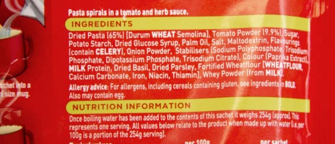 Pasta packet highlighting allergens in bold