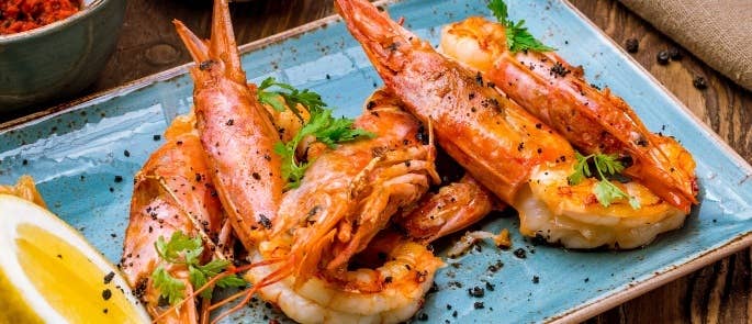 Tiger prawns served on a plate in a restaurant