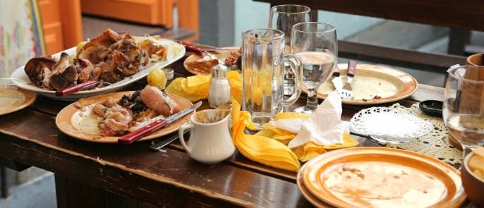 Plates full of food waste in a restaurant