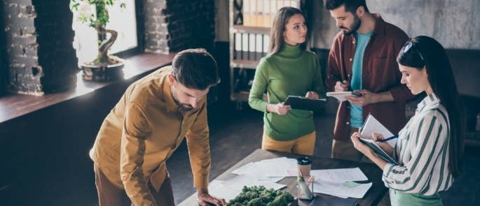 Employees discussing work