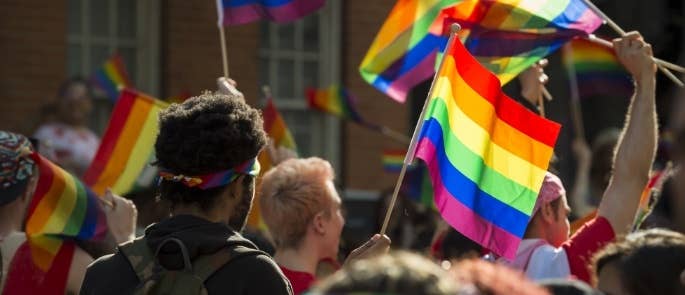 LGBTQ+ people with pride flags