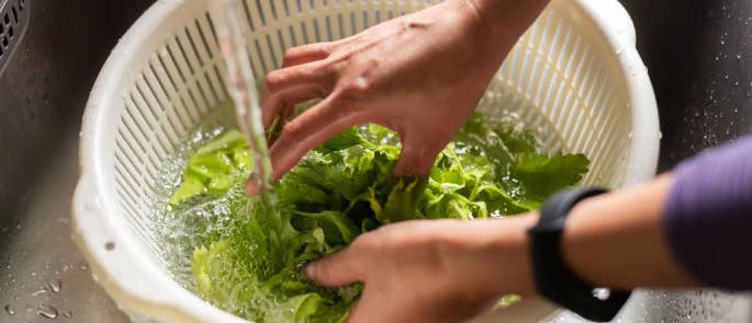 A woman washing vegetables in the sink