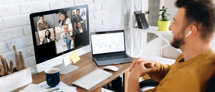 A remote worker hosting a group video call online