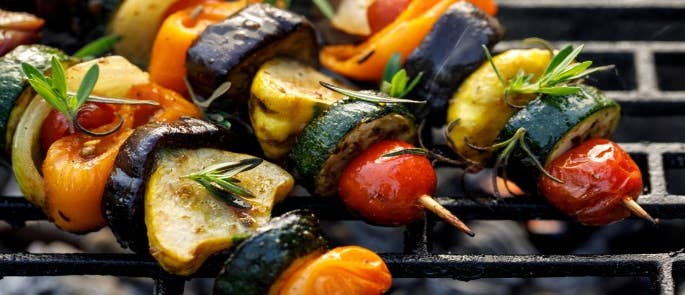 Vegetables on a skewer on a BBQ