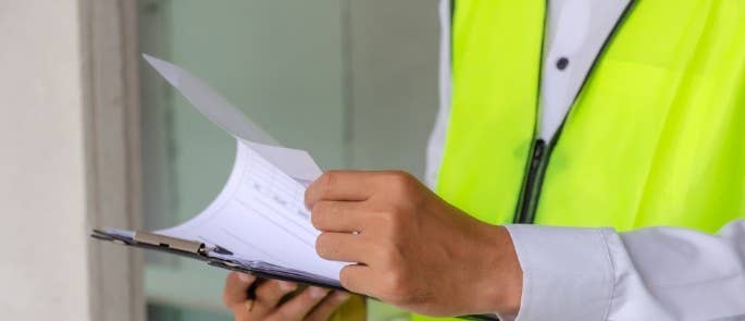 Worker checking assessment document pages