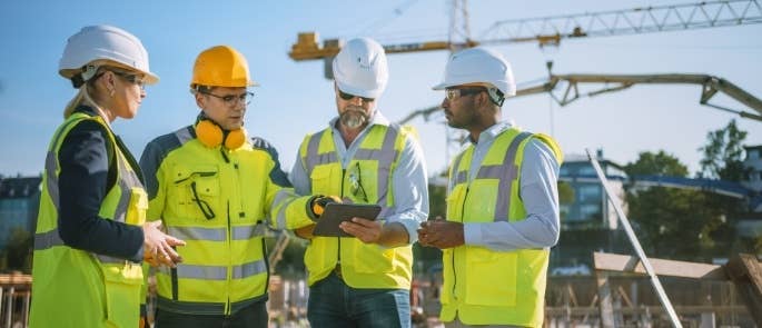 Construction workers talking on site