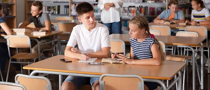 Students helping each other to learn in school