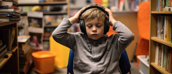 an overstimulated child calming down with headphones