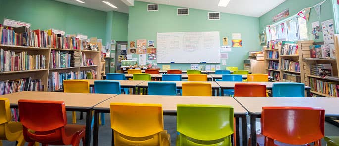 colourful classroom with books and posters for learning 
