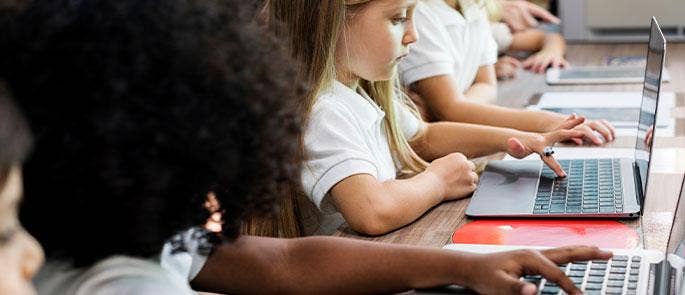 Children using laptops in the school classroom
