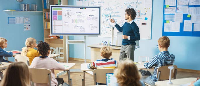 Teacher at the front of a classroom using a smart board to teach