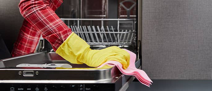 wiping down the inside of dishwasher door to clean