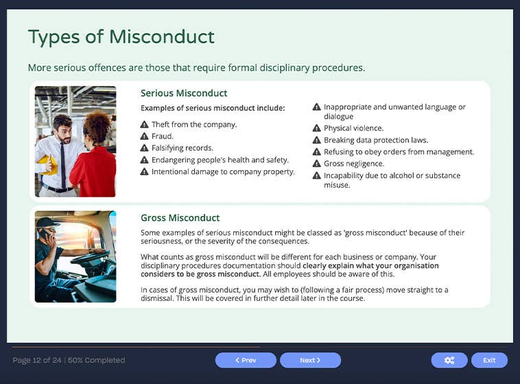 Course screenshot types of misconduct