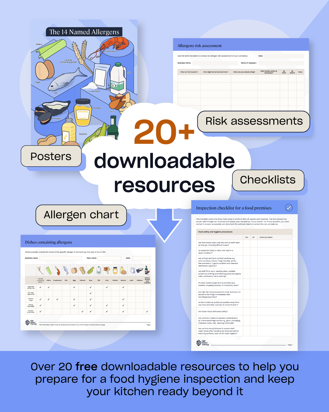 Image showing some of the 20+ downloadable resources in the course including free posters, risk assessments, checklists and allergen charts