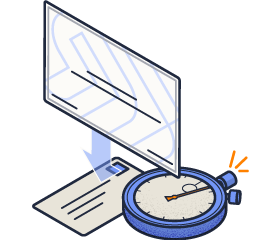 Illustrated image of a printed certificate, an envelope and a stopwatch