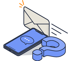 Illustrated image of a question mark, an email and a mobile phone