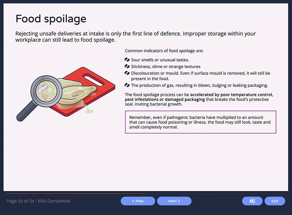 Course screenshot showing food spoilage