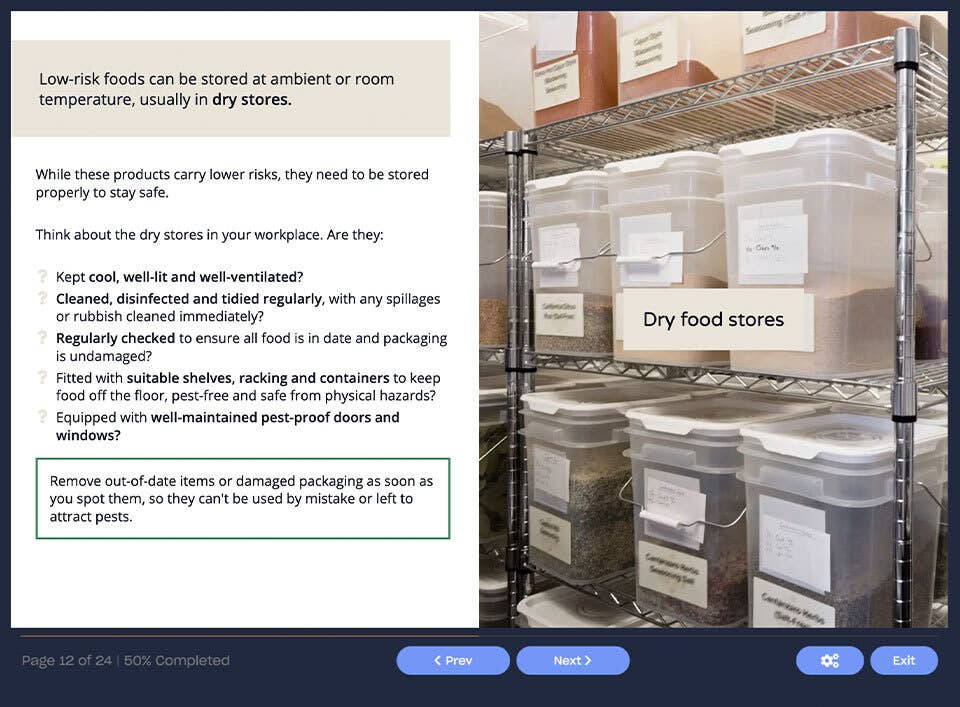 Course screenshot showing dry food stores