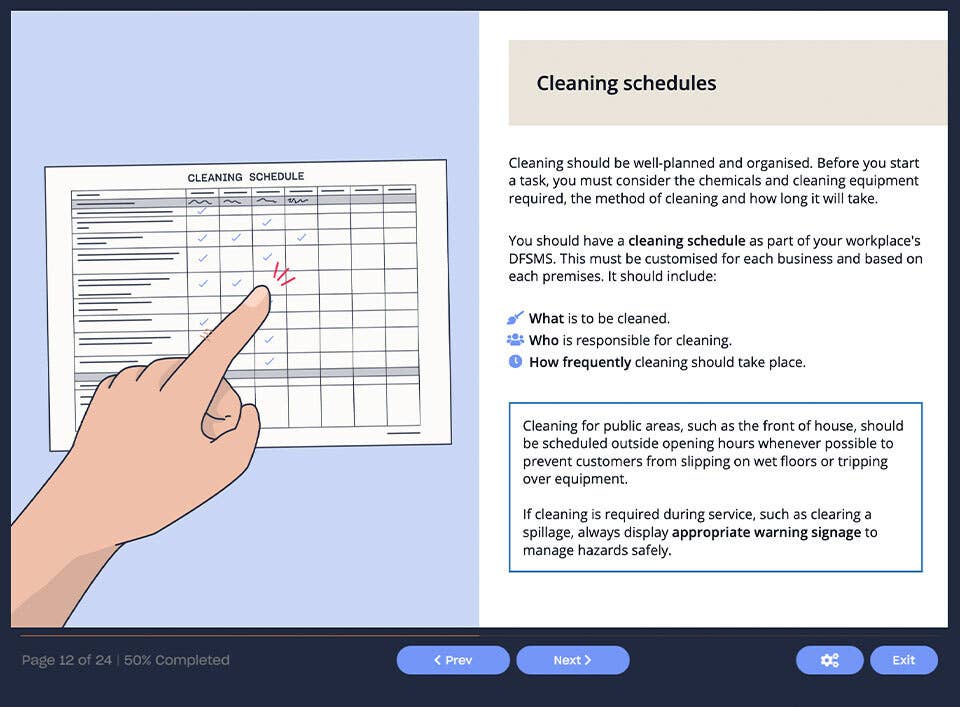 Course screenshot showing cleaning schedules