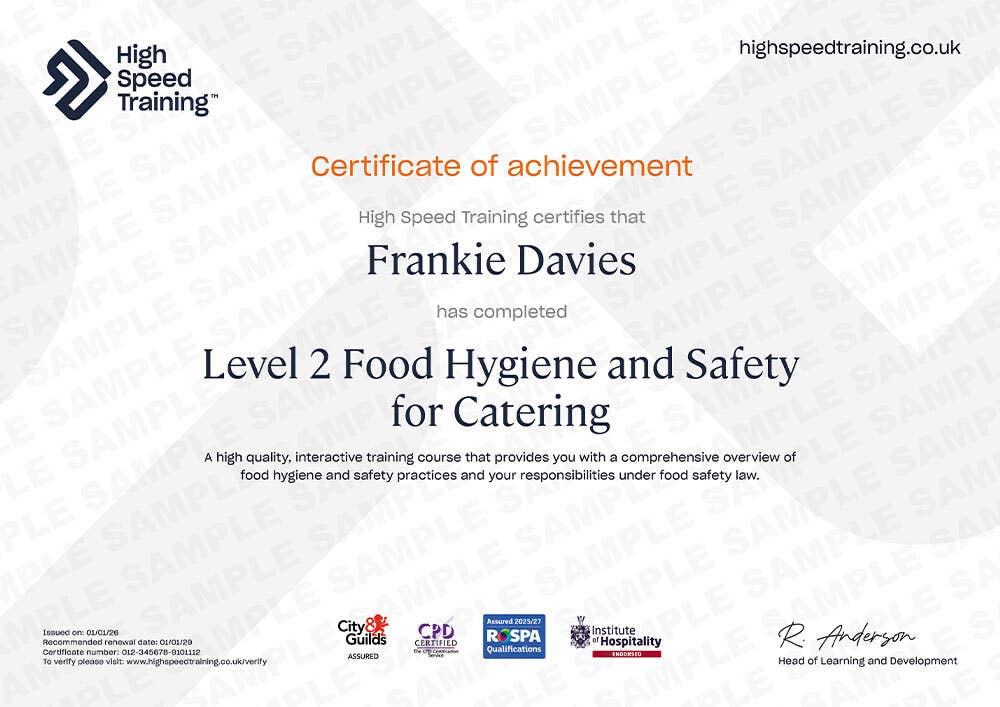 Sample Level 2 Food Hygiene and Safety for Catering certificate