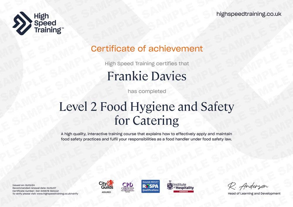 Sample Level 2 Food Hygiene and Safety for Catering Certificate