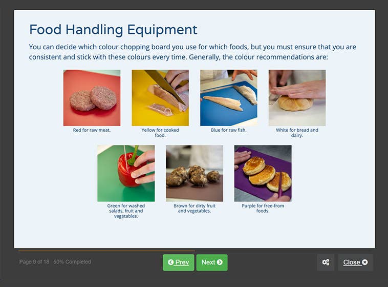 Course screenshot showing food handling equipment