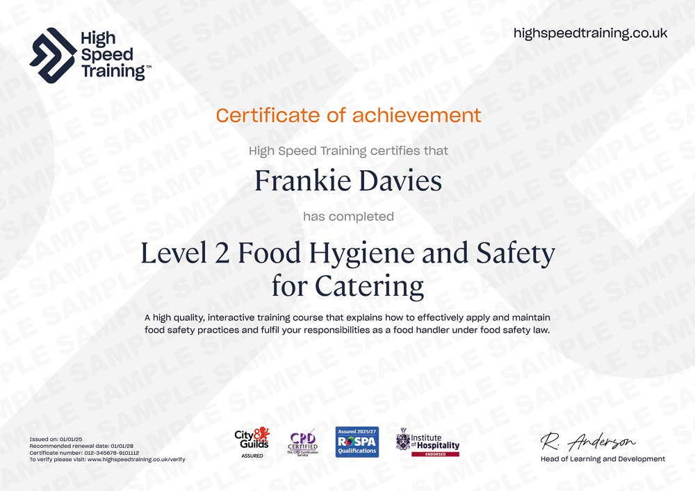 Sample Level 2 Food Hygiene and Safety for Catering Certificate