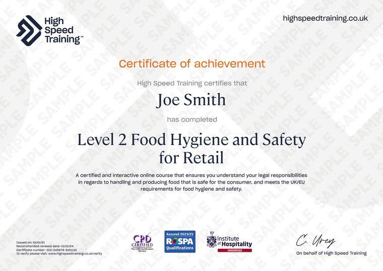 Sample Level 3 Food Hygiene and Safety for Retail certificate