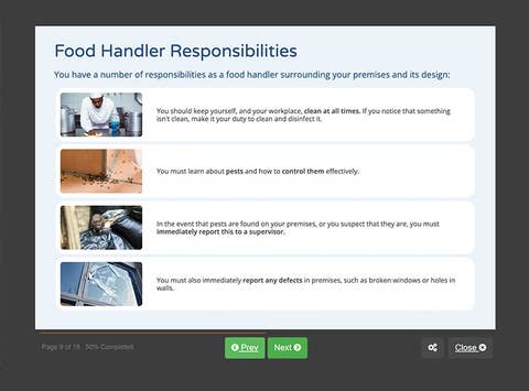 Course screenshot showing food handler responsibilities
