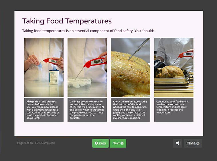 Course screenshot showing taking food temperatures