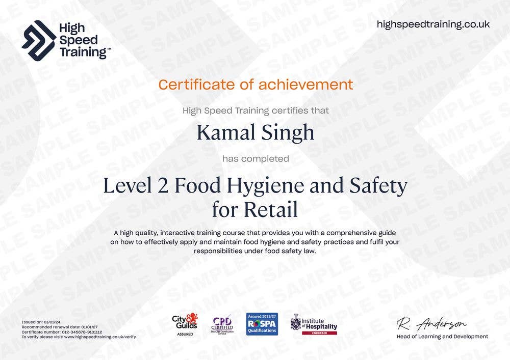 Sample Level 2 Food Hygiene and Safety for Retail Certificate