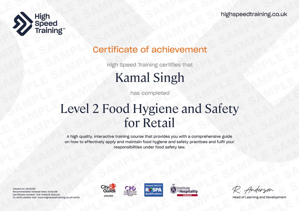 Sample Level 2 Food Hygiene and Safety for Retail certificate