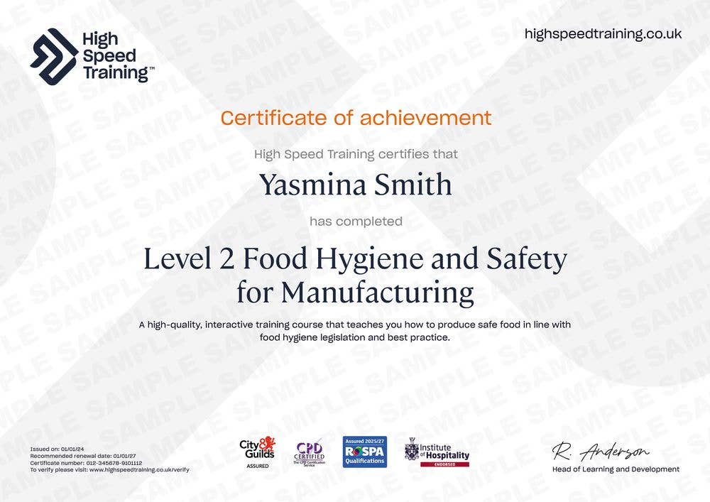 Sample Level 2 Food Hygiene and Safety for Manufacturing certificate