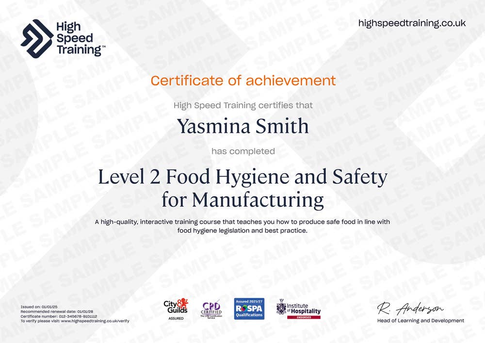Sample Level 2 Food Hygiene and Safety for Manufacturing certificate