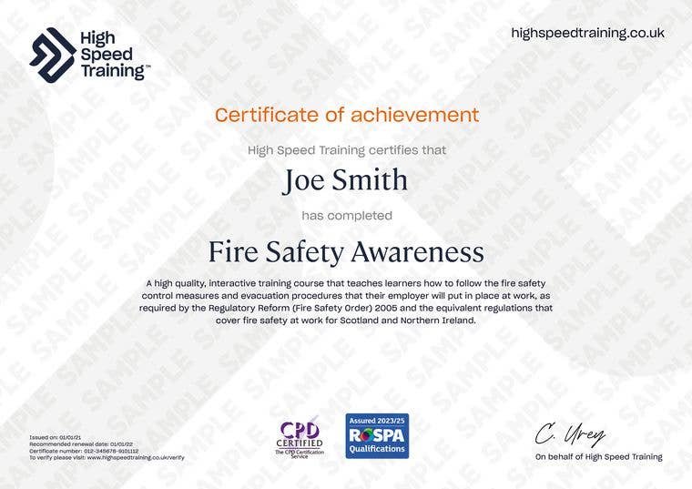 Sample Fire Safety Awareness Certificate