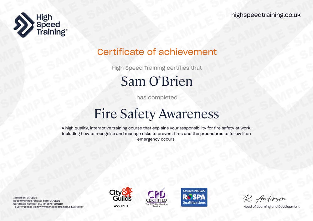 Sample Fire Safety Awareness certificate